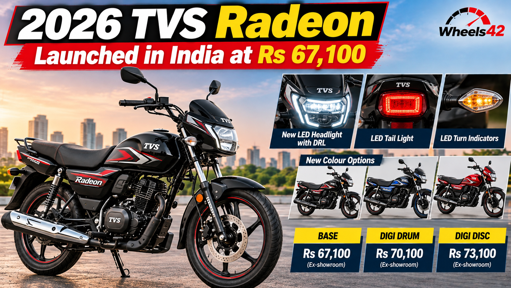 2026 TVS Radeon Launched in India at Rs 67,100: New LED Lights, Colours and Variants